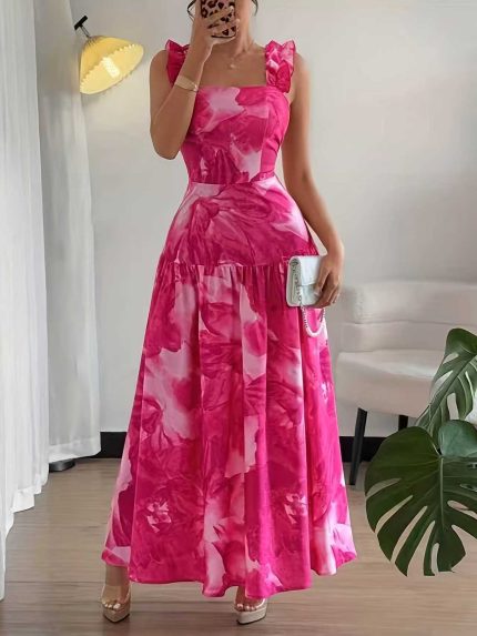 AYDOGEE Women's Sundresses Elegant Ruched Strap Floral Print Long Swing Dresses