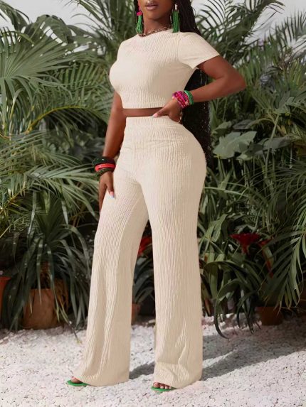 AYDOGEE Womens Suits Short-Sleeve T-Shirt And Flared Wide-Leg Pants Sets